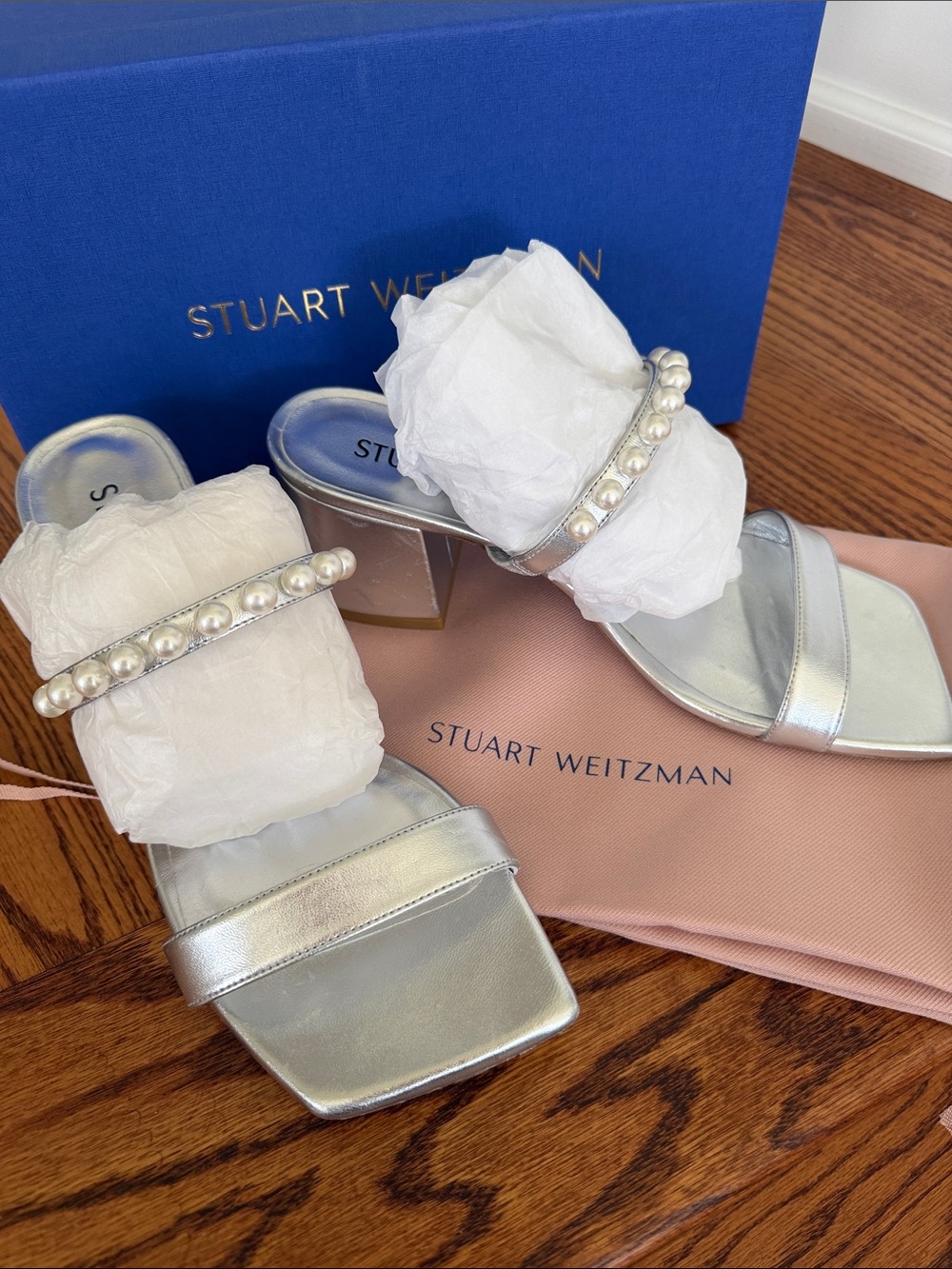 Stuart Weitzman Silver Pearl-Trim Slide block heel Sandals. NWT 8
